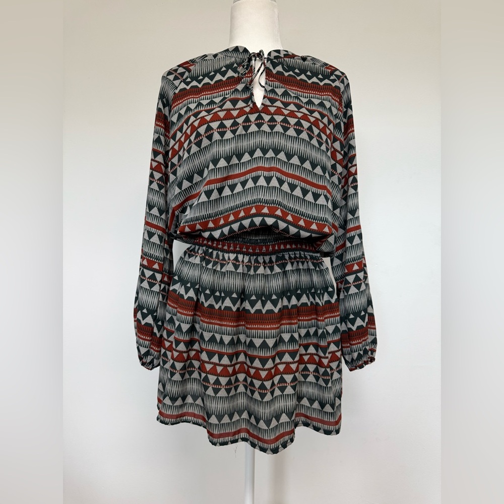 ALLISON JOY Geometric Print smocked Waist Chiffon Mini Dress